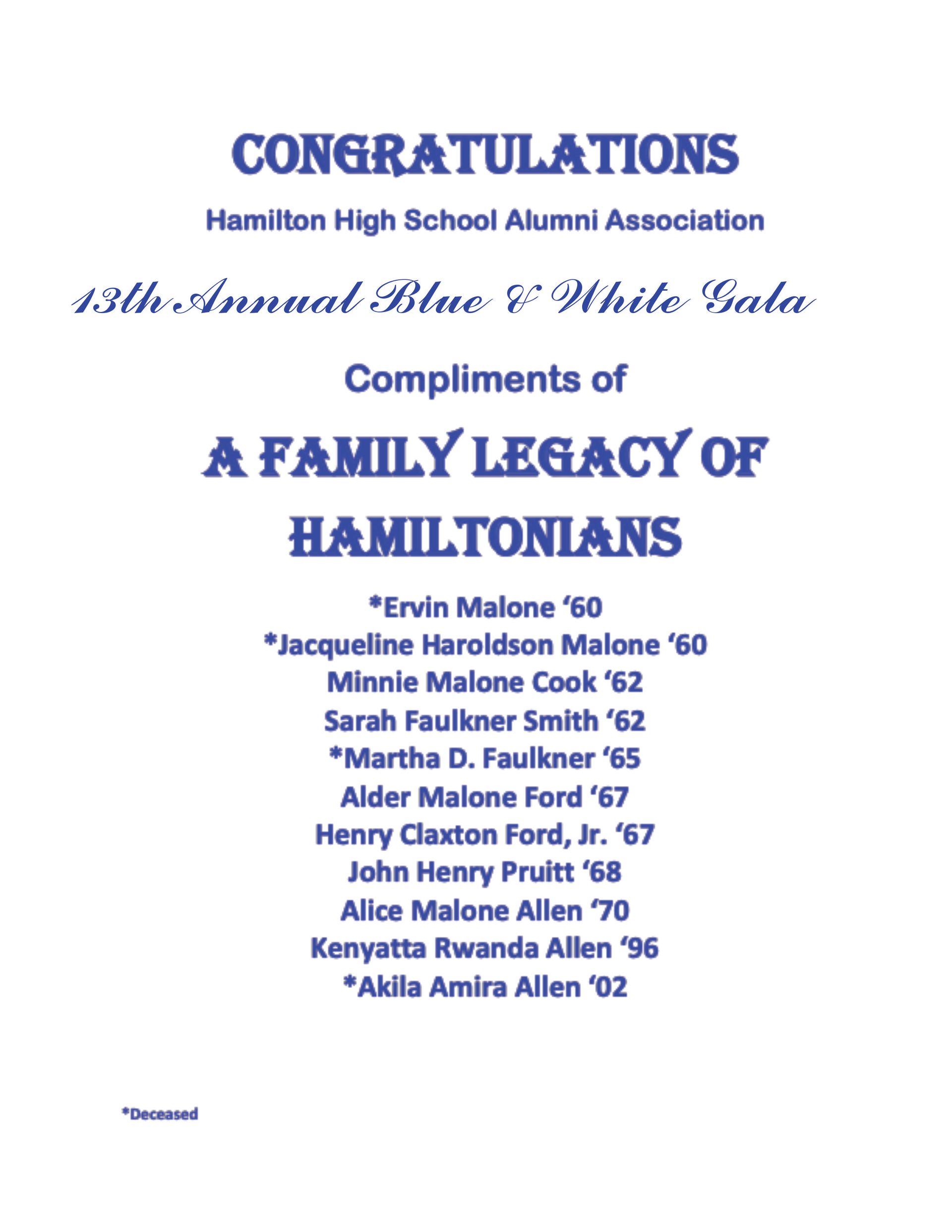 A blue and white event flyer congratulating Hamilton High School Alumni Association.