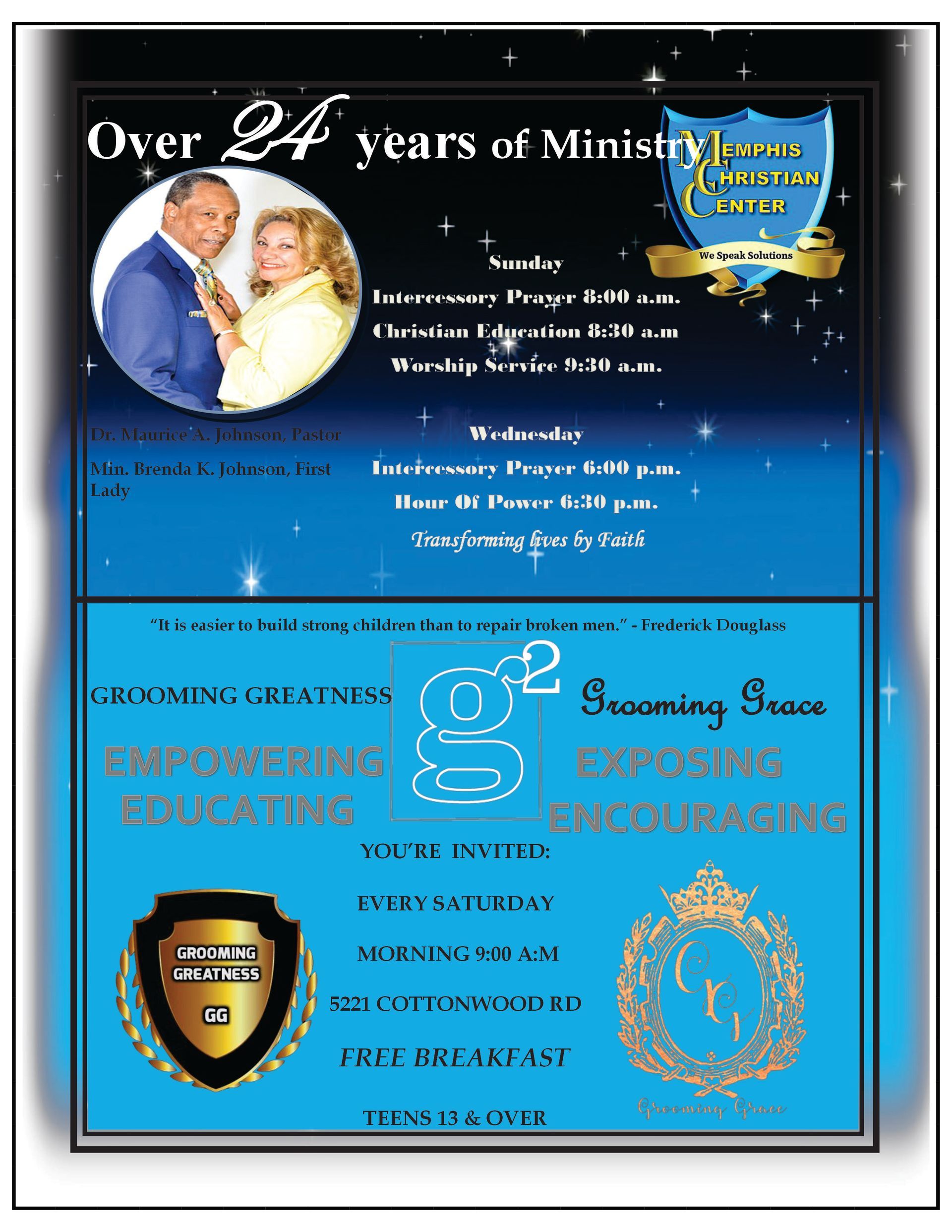 Church flyer; couple portrait, text: over 24 years ministry, service times. Turquoise and gold accents.