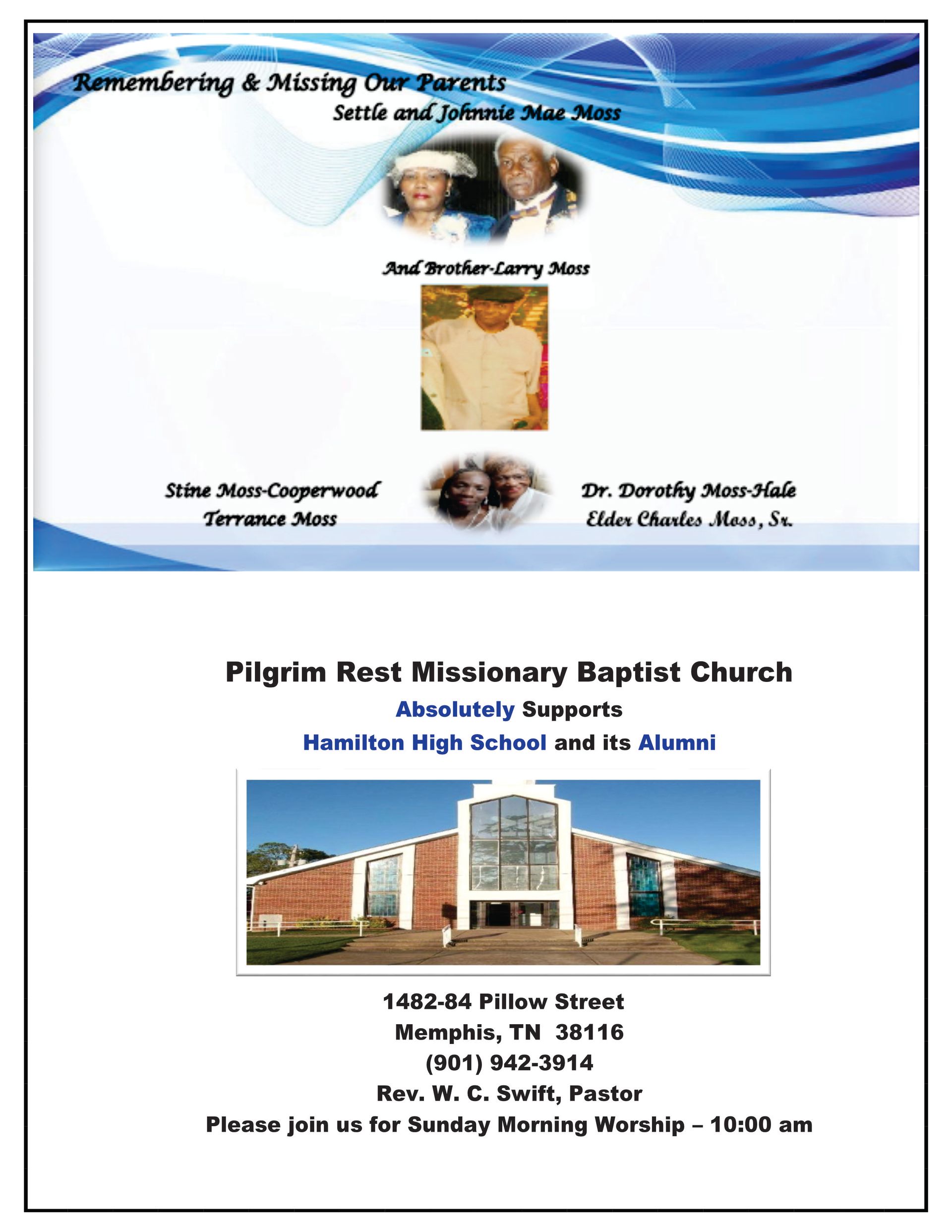 Memorial service flyer for Pilgrim Rest Missionary Baptist Church. Features photos and church building image.