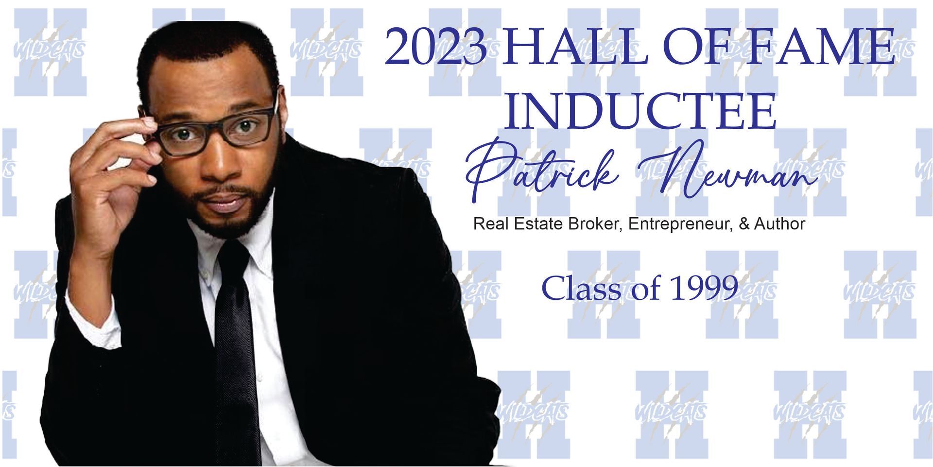 Hall of Fame announcement featuring Patrick Newman in a suit, adjusting glasses, with text about his induction.