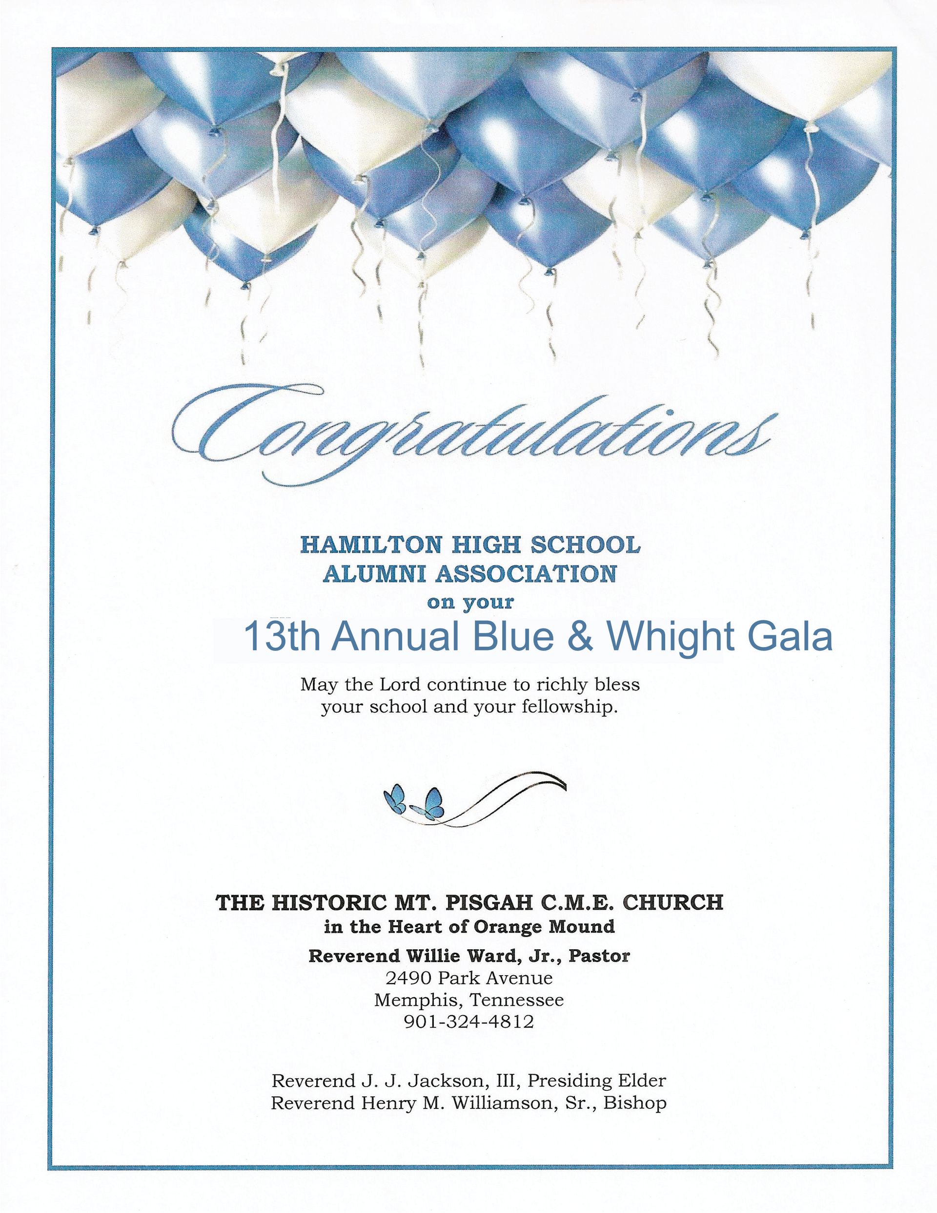 Invitation for Hamilton High School Alumni Association's 13th Annual Blue & White Gala; blue and white balloons.