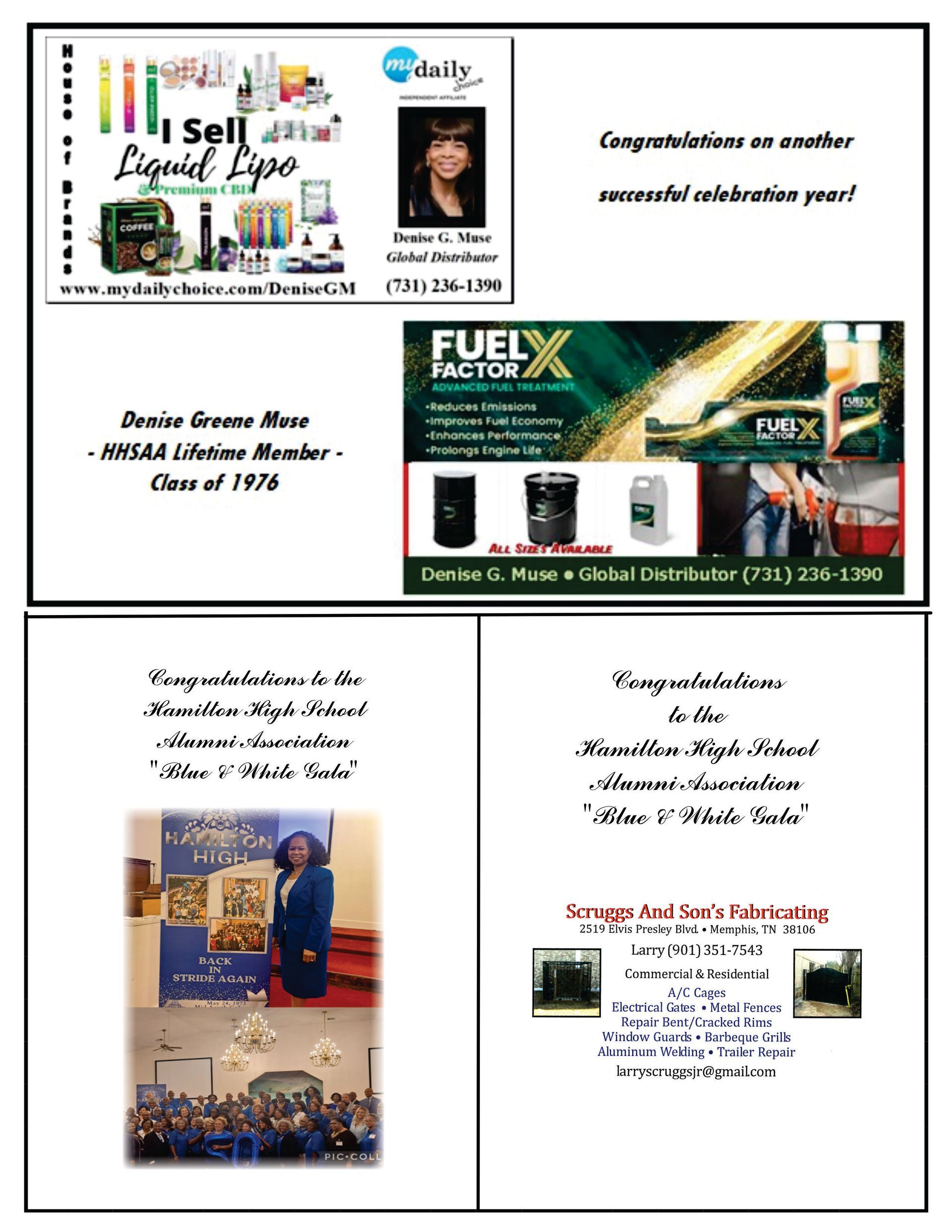 Advertisements and announcements for graduates and businesses with photos.
