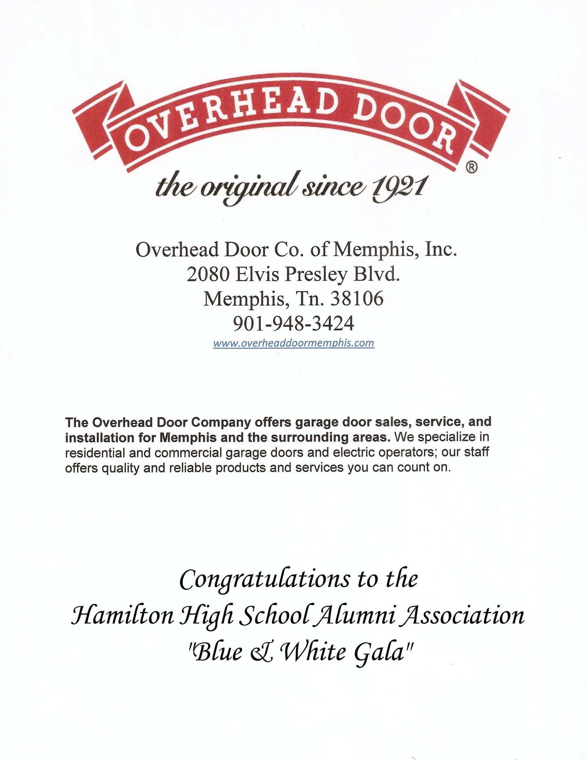 Overhead Door advertisement congratulating Hamilton High School Alumni Association on the 