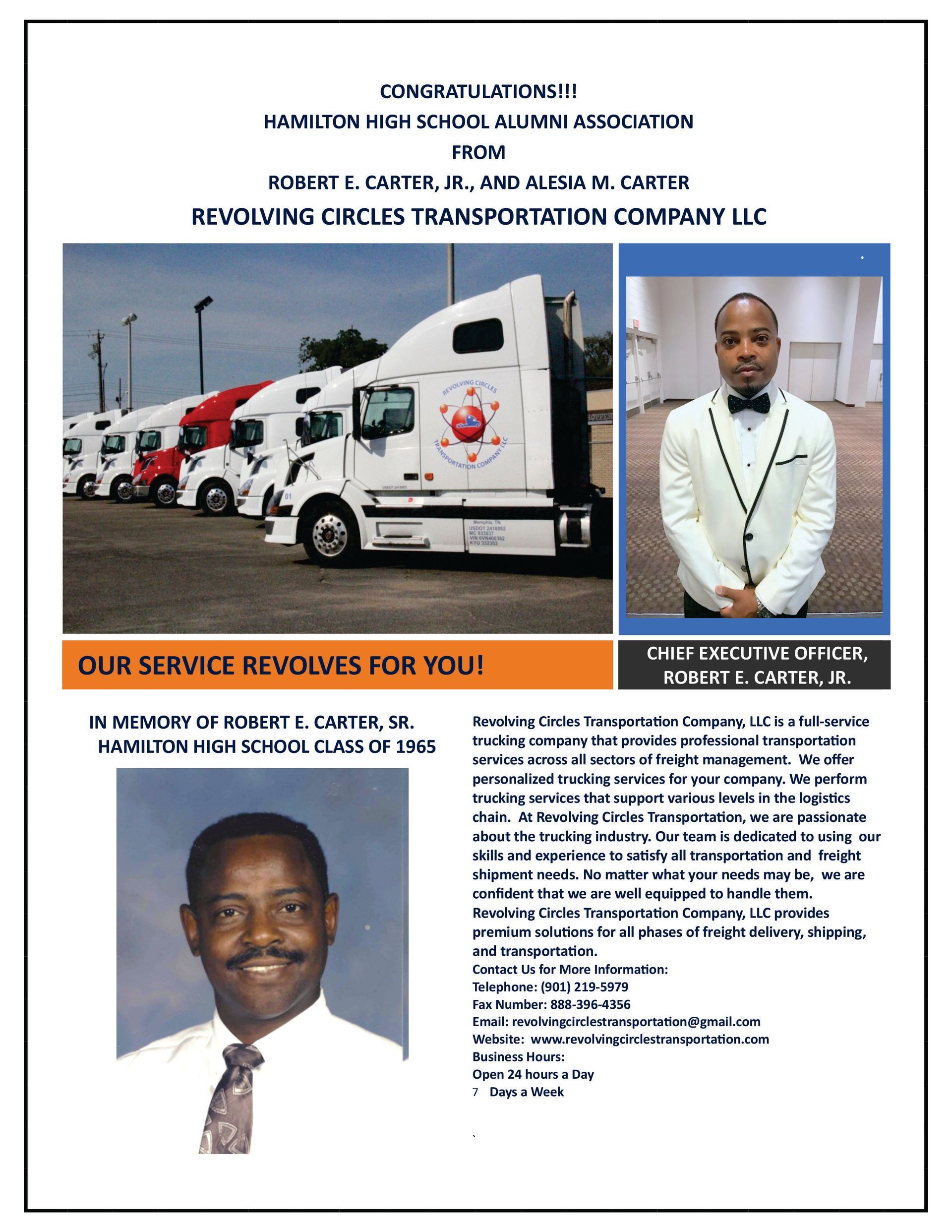 Flyer congratulating Robert Gayton Jr. and Rodney Carter. Features truck fleet, portraits, and text.