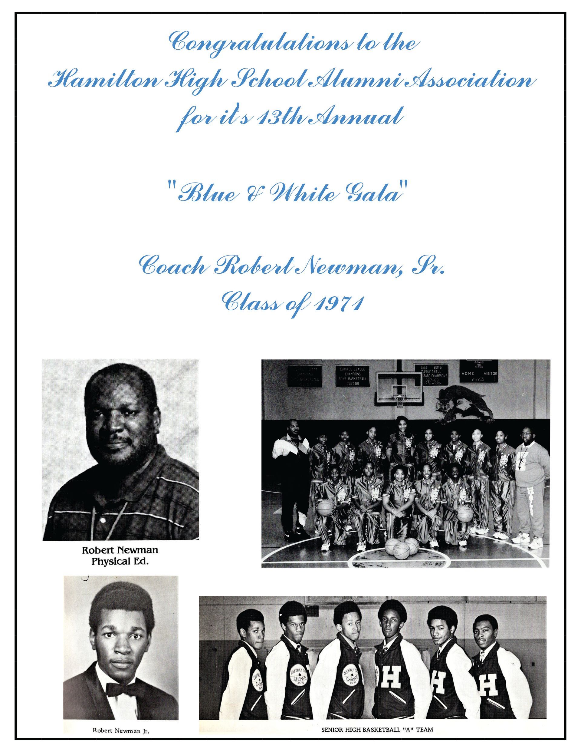 Flyer for Hamilton High School Alumni Association's Blue & White Gala. Includes photos of coach, team, and individuals.