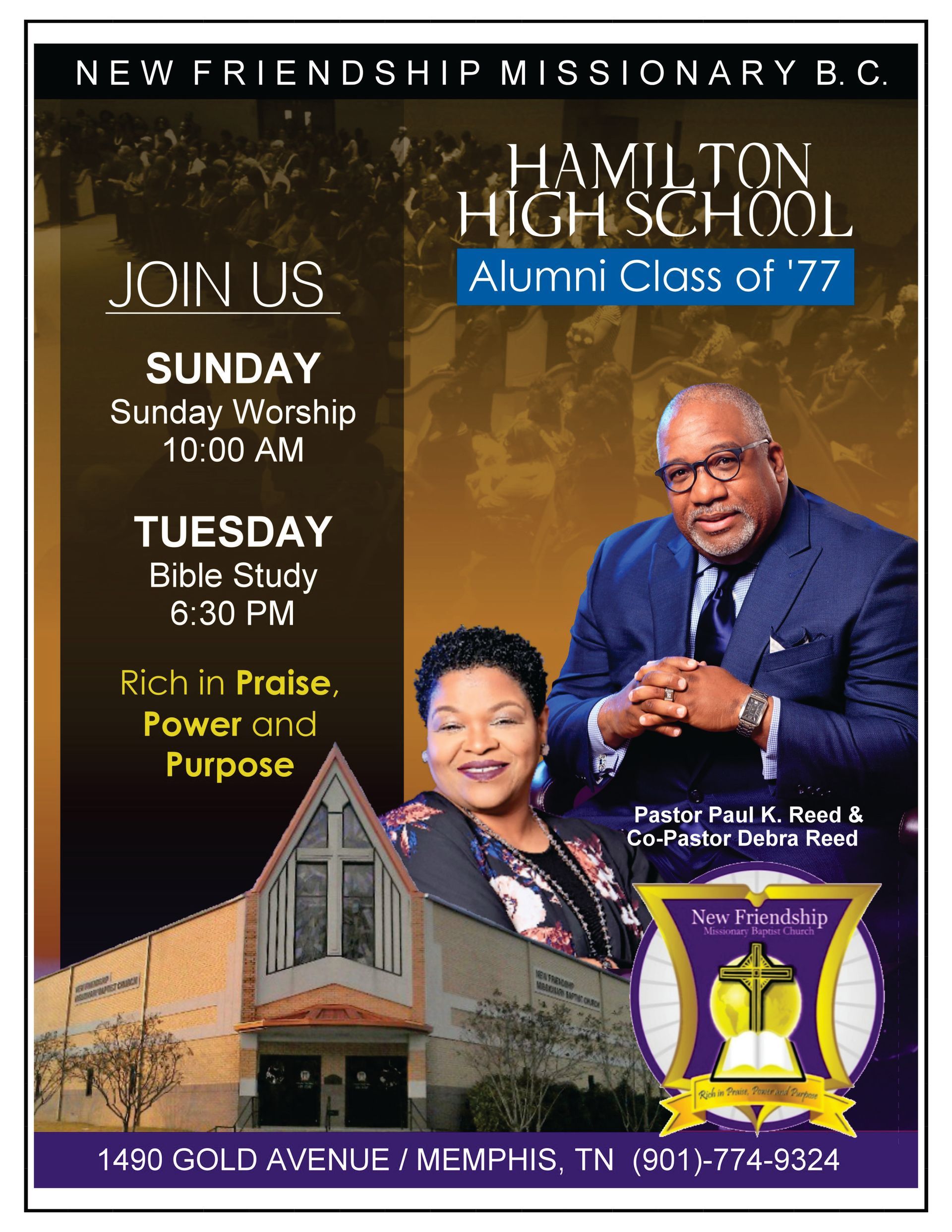 Church flyer: Hamilton High School Alumni event. Sunday worship and Tuesday Bible study at 1450 Gold Avenue, Memphis.