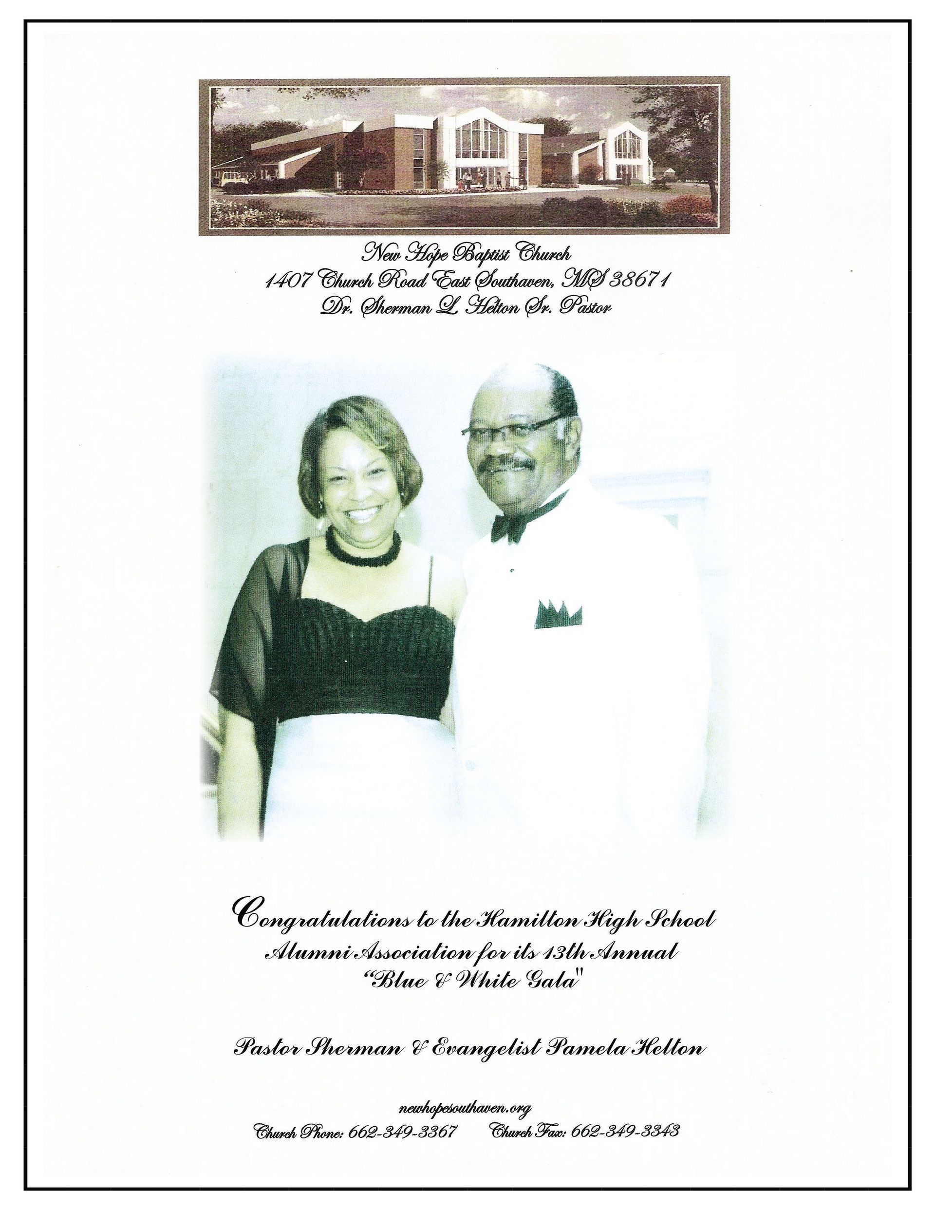 An older couple poses below a building sketch. Text reads 