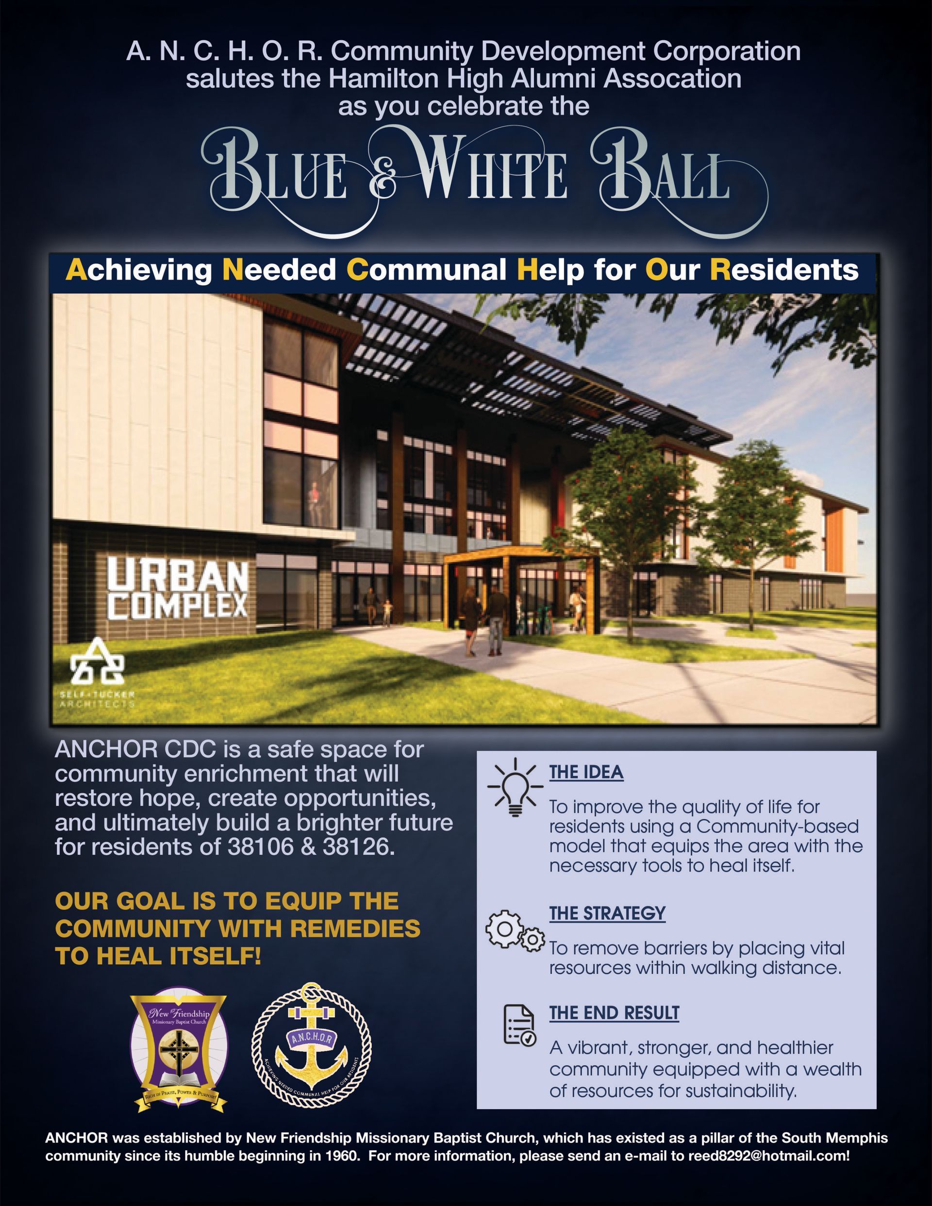 Blue and white ball flyer with a building, and text about helping residents.
