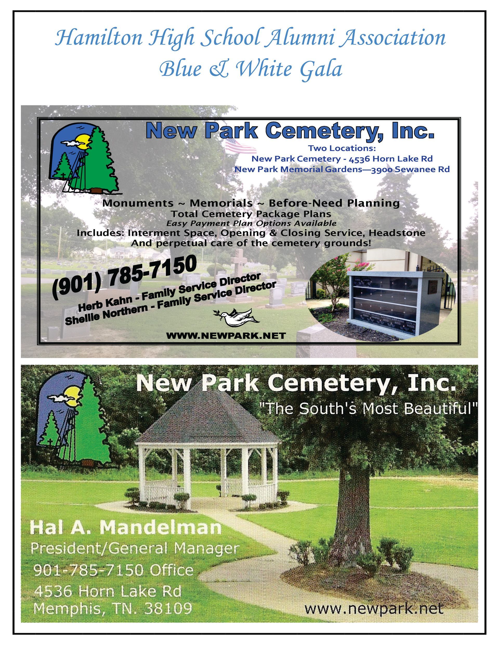 Advertisements for New Park Cemetery, Inc. featuring logos, contact info, and scenes of cemetery grounds.