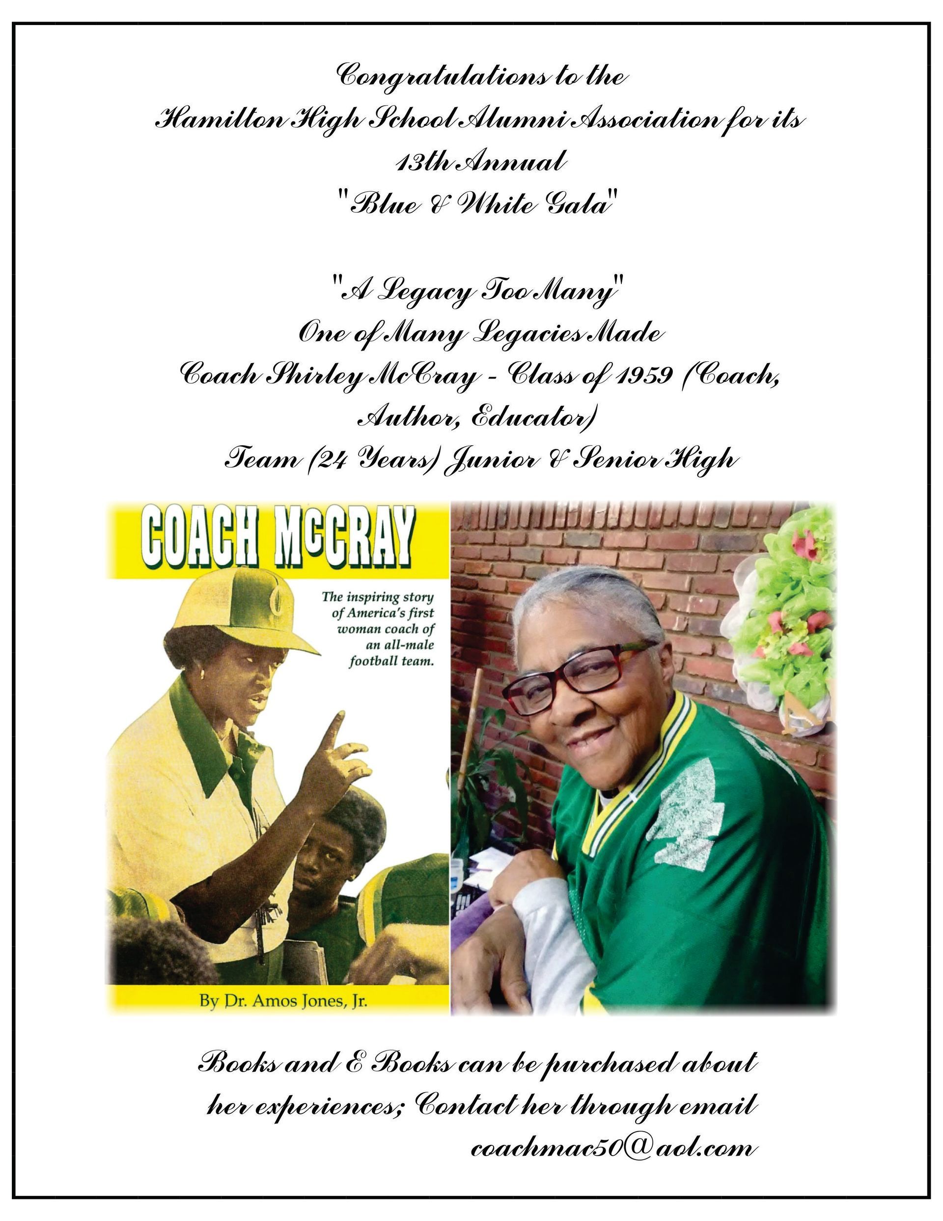 A congratulatory graphic features Coach McCray, a book cover, and text.