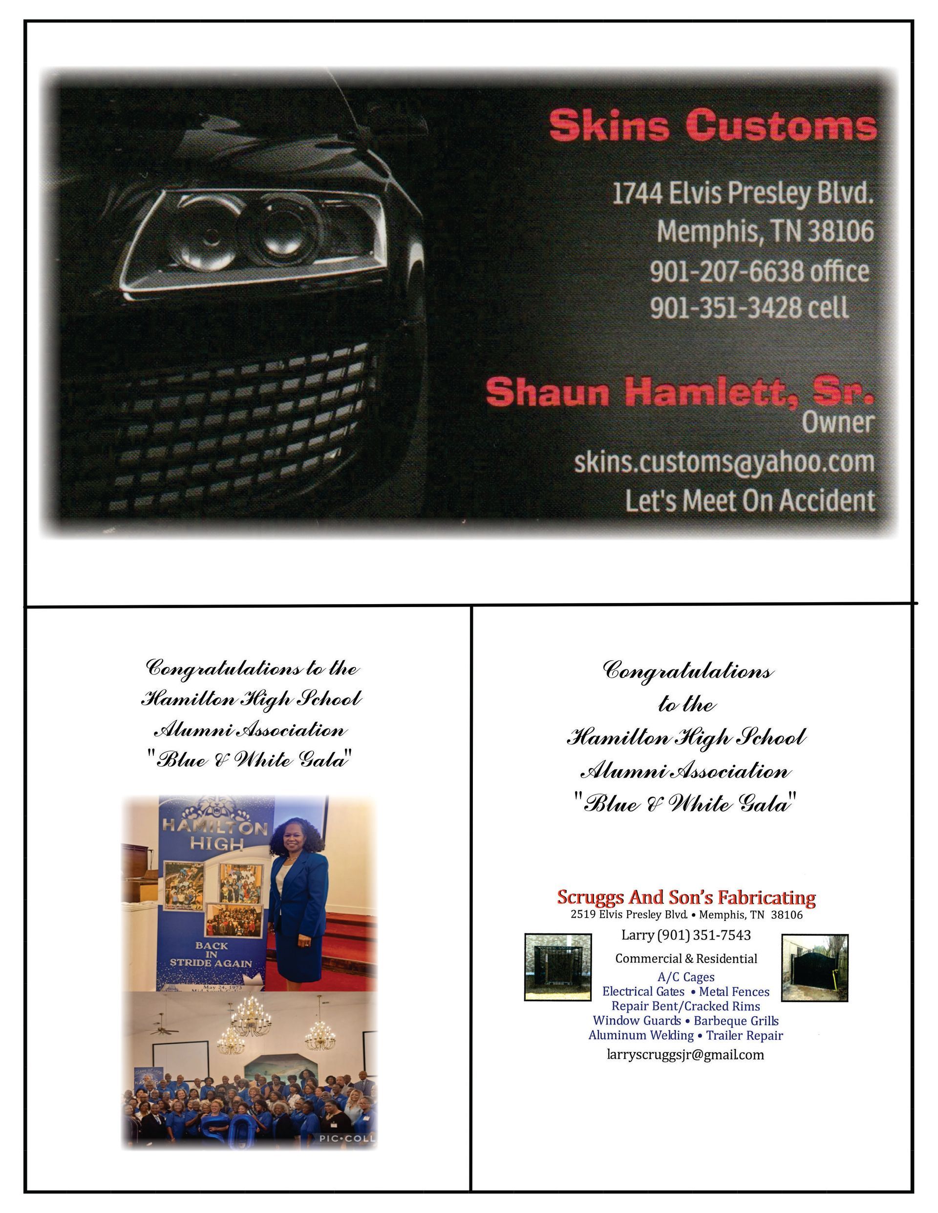 Business card and two flyers with text and photos related to “Skins Customs.”