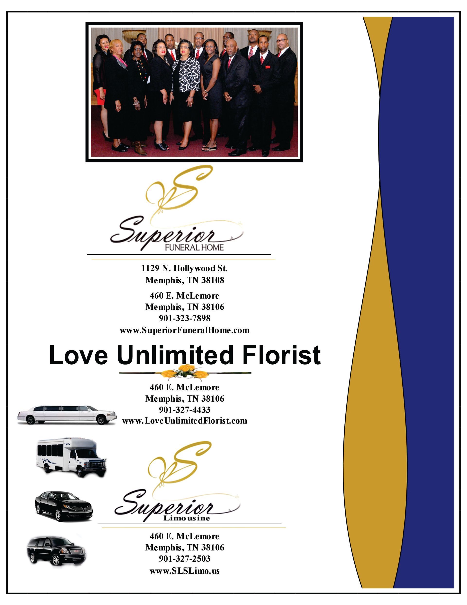 Flyer for Superior Funeral Home and Love Unlimited Florist, with staff photo, logos, and contact information.