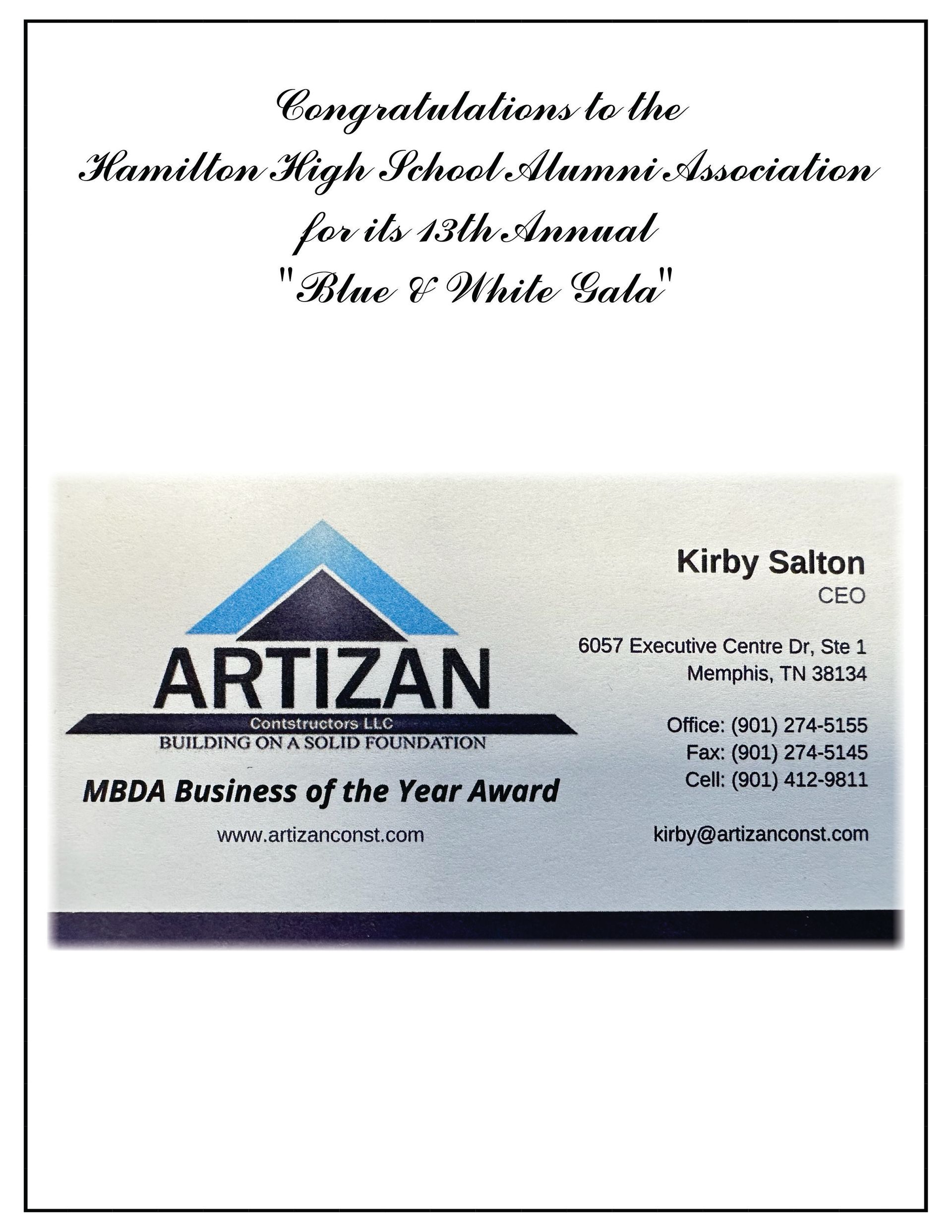 Congratulatory flyer for Hamilton High School Alumni Association's Blue & White Gala, with Artizan logo and contact info.