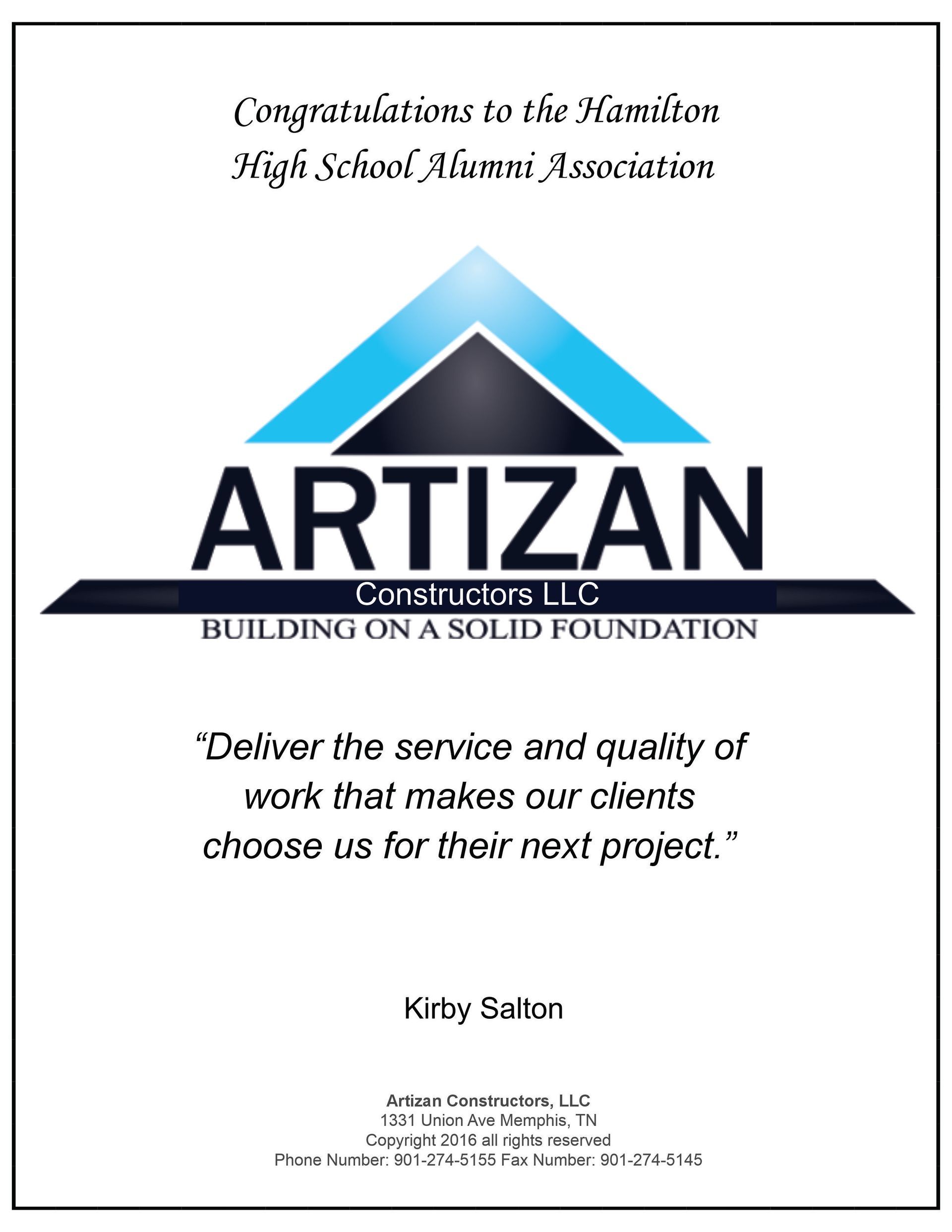Advertisement for Artizan Construction LLC, blue and black logo, congratulations message.
