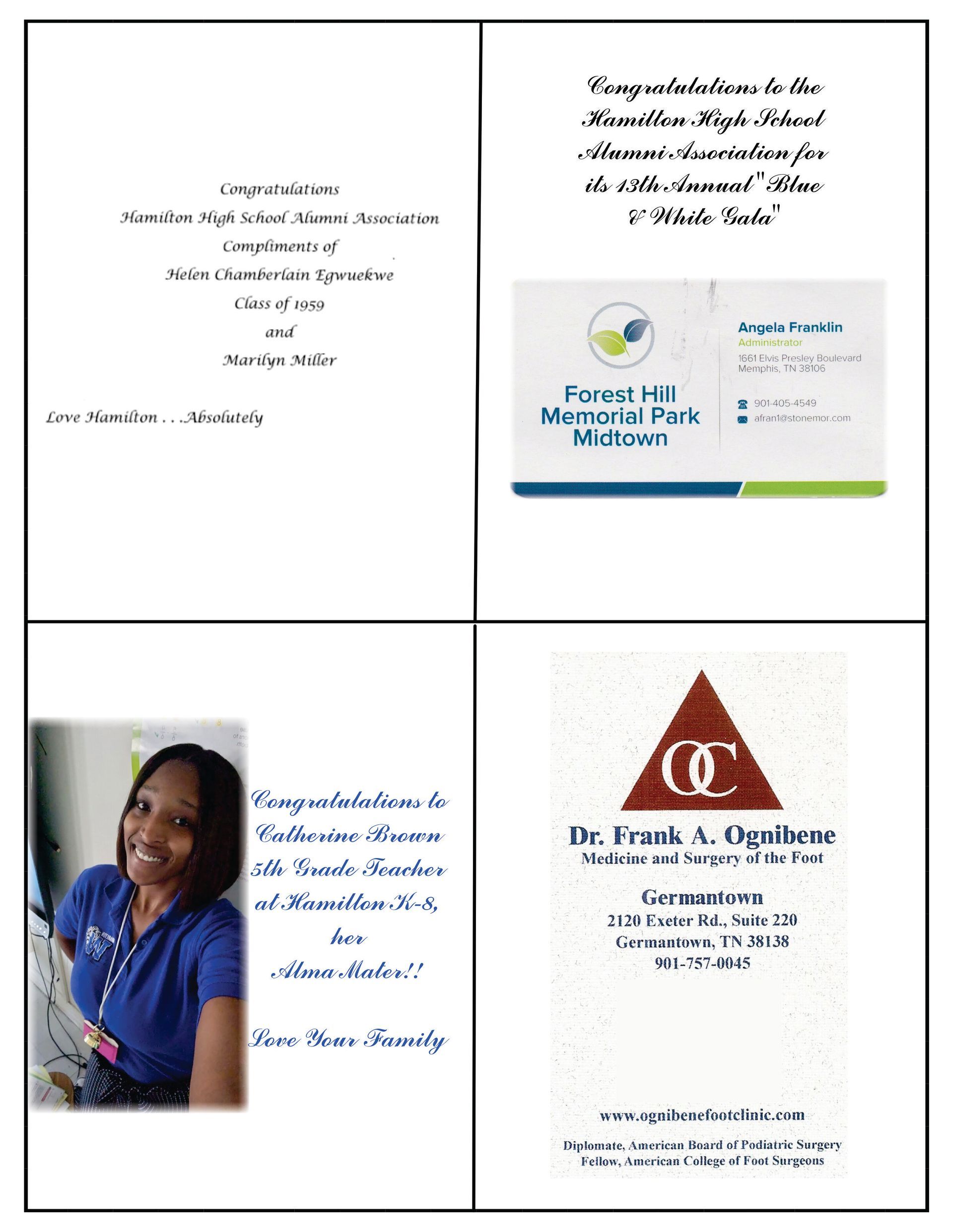 Four panels with congratulatory messages and photos: a school, a business card, a woman, and a certificate.