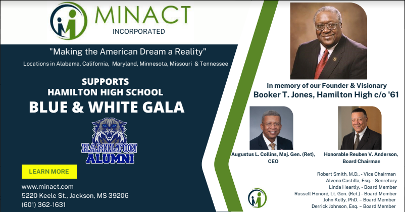 Flyer for MINACT supporting Hamilton High School gala; includes photos of leaders and organization info.