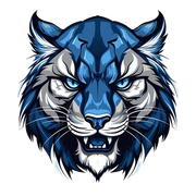 Blue and white cougar head with fierce expression and open mouth.