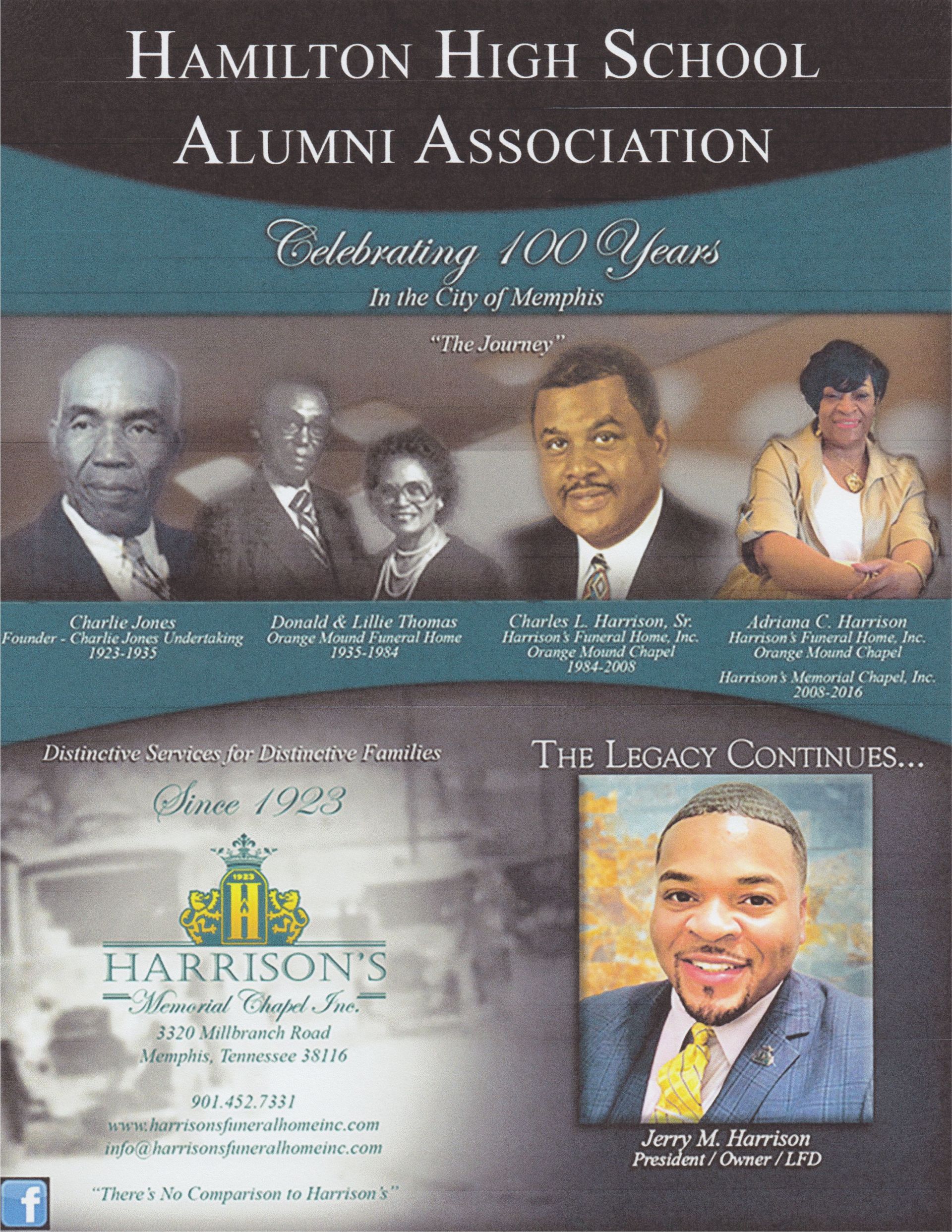 Flyer for Hamilton High School Alumni Association celebrating 100 years, featuring portraits of alumni.