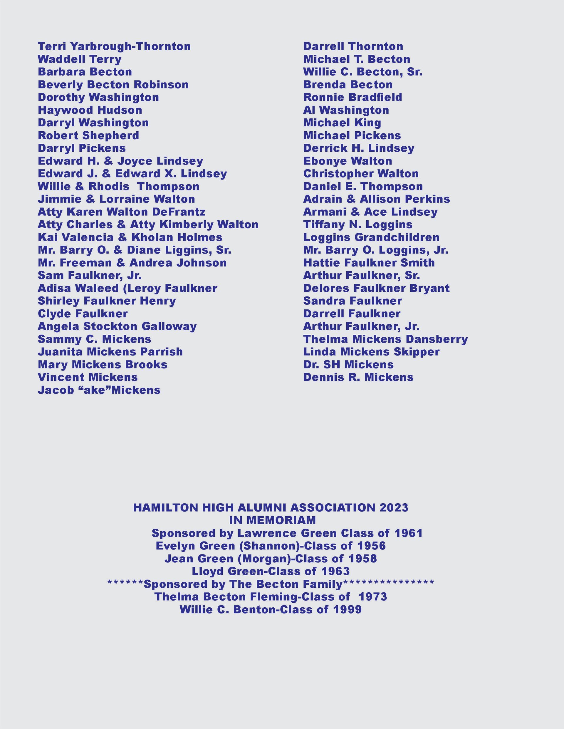 List of names and In Memoriam dedication from an alumni association.