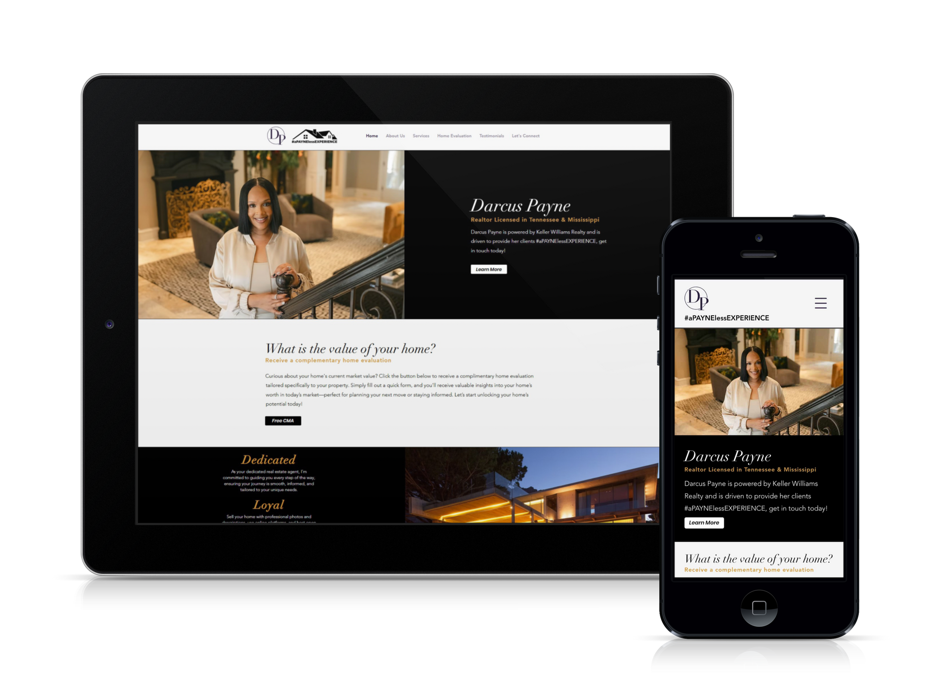 Website design on tablet and phone showcasing a woman in a black and white theme.