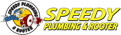 Speedy Plumbing & Rooter logo with cartoon plumber and bold yellow text on a gray background