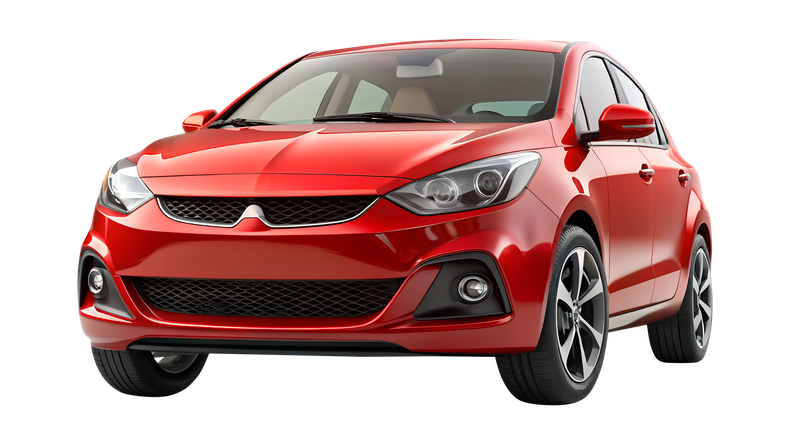 Red Mitsubishi hatchback car, front view, on a white background.