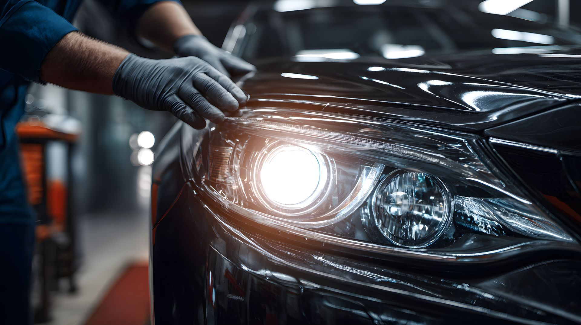Mechanic's hands in gloves inspecting a car headlight in a garage.