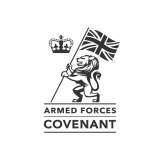 Armed Forces Covenant logo with Union Jack flag and crown in black and white.