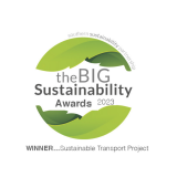 The Big Sustainability Awards 2023 logo with green circular leaf design and “Winner...Sustainable Transport Project” text