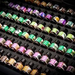 Rows of colorful numbered test tubes in a black rack, viewed at an angle