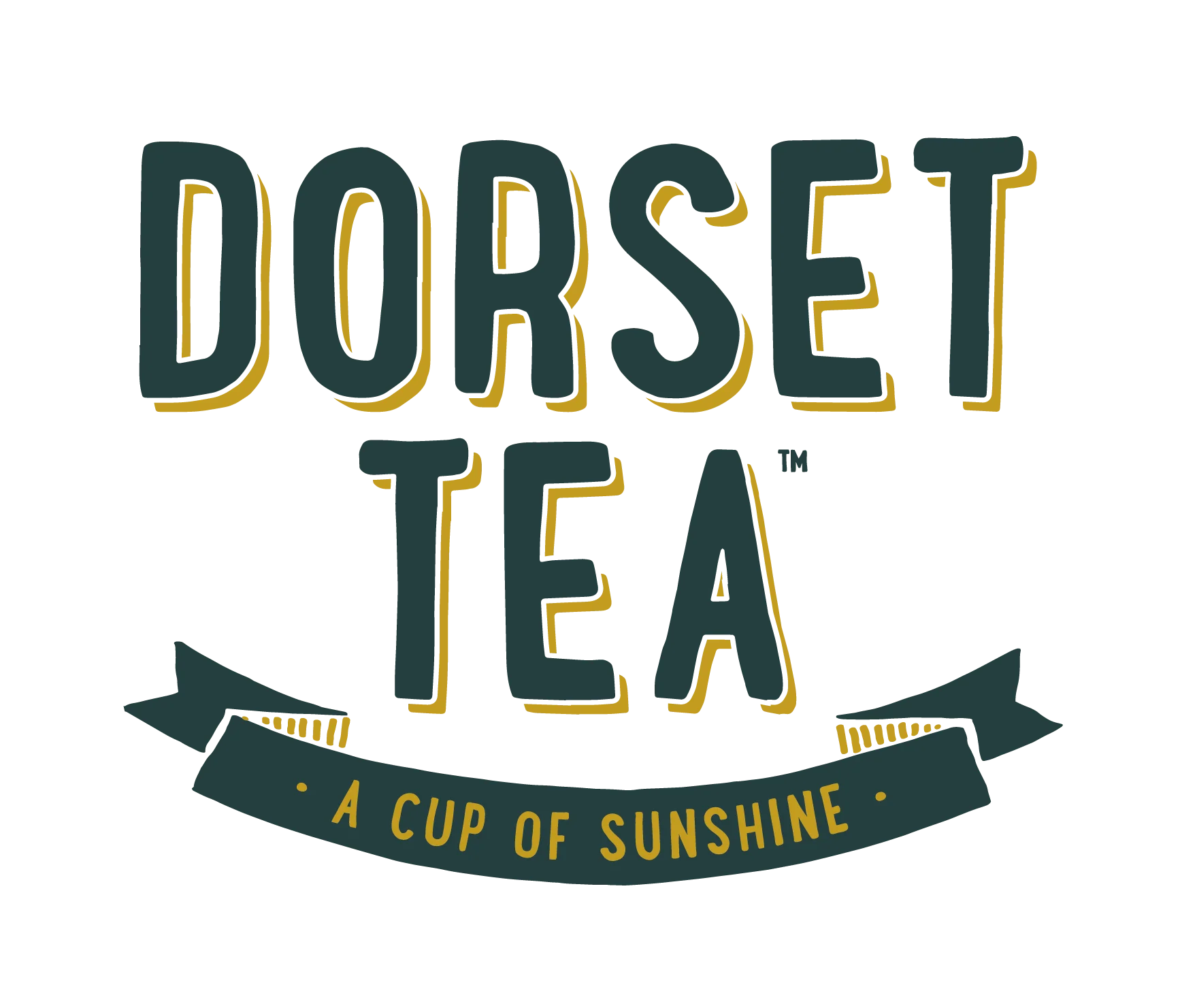 Dorset Tea logo with bold navy and gold text and the slogan “A cup of sunshine” on a white background