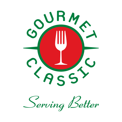 Gourmet Classic logo: red circle with white fork, green text, “Serving Better” slogan