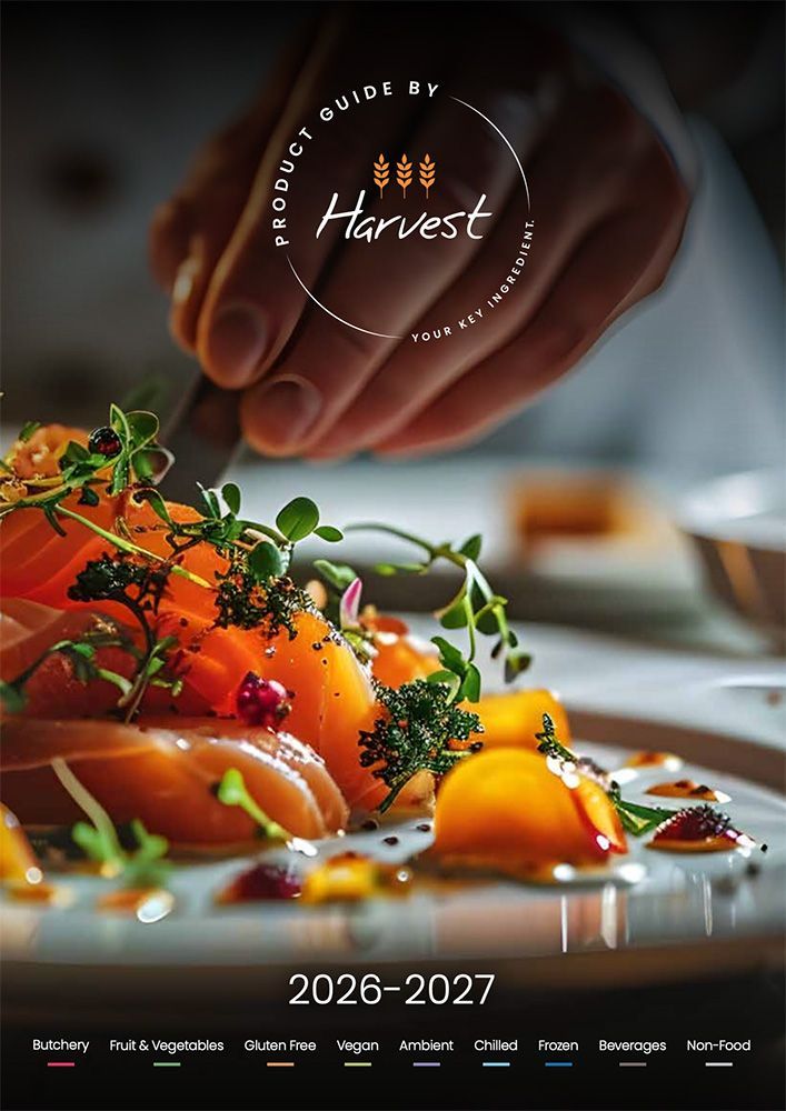 Dark plate with colorful gourmet dessert and “Harvest” title above, in a restaurant menu-style layout