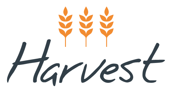 Harvest logo with stylized gray script and three orange wheat stalks above it