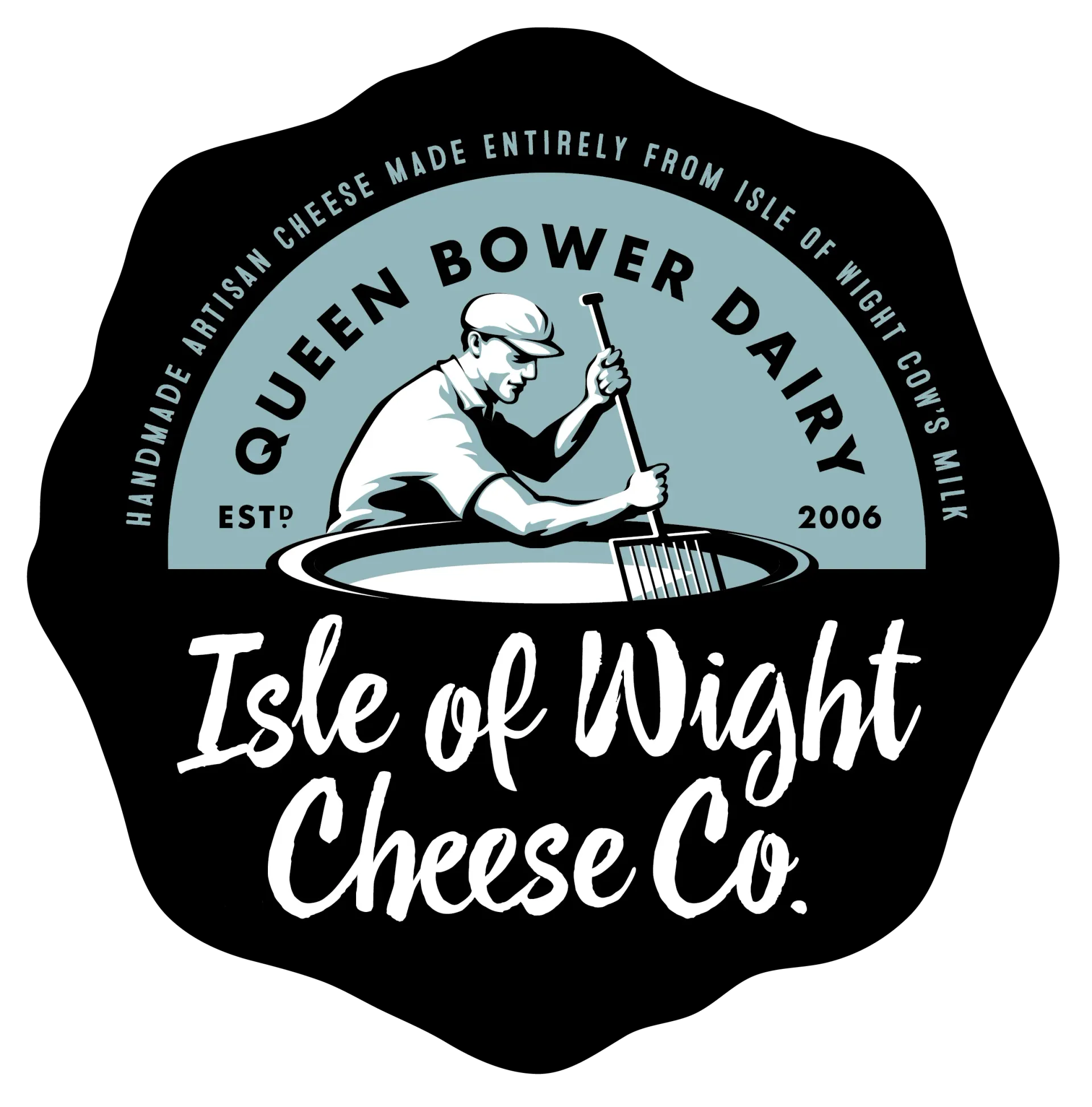 Black-and-white Isle of Wight Cheese Co. logo with Queen Bower Dairy and a cheese maker at a wheel