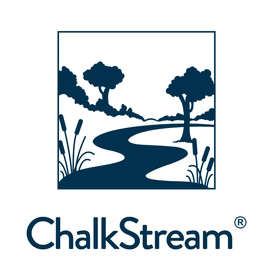 ChalkStream logo with a blue river and trees inside a square above the brand name