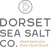 Dorset Sea Salt Co. logo with “Hand harvested from Chesil Beach” text and geometric sea icon