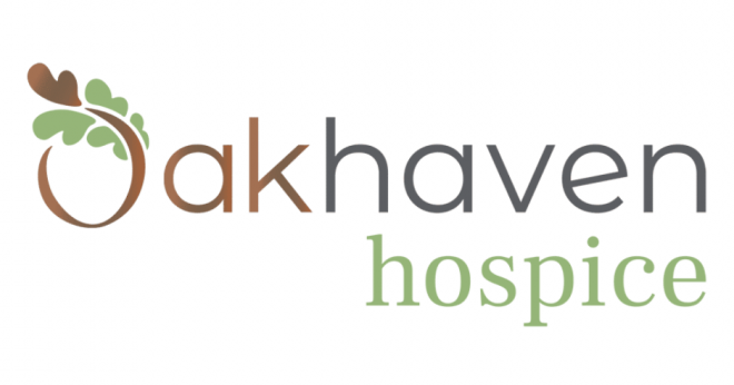 Oakhaven Hospice logo with brown oak leaf graphic and green “hospice” text