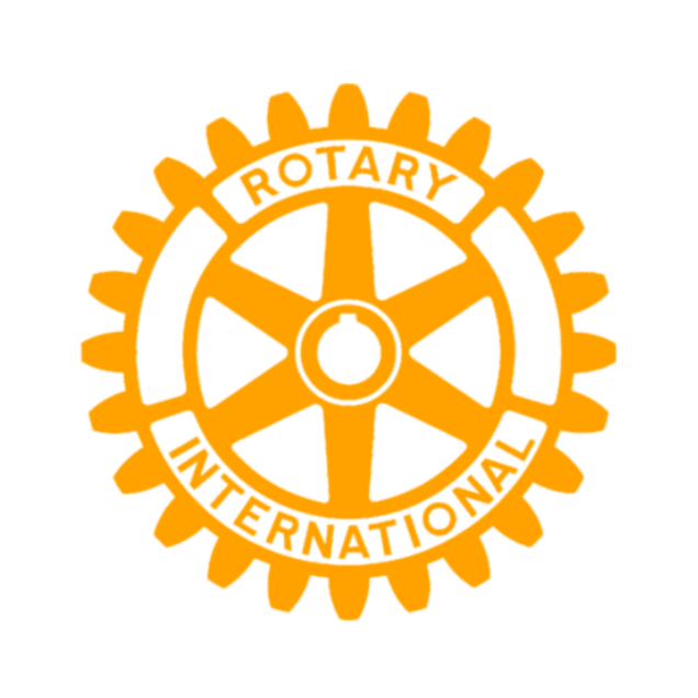 Orange Rotary International gear logo with circular text and spokes
