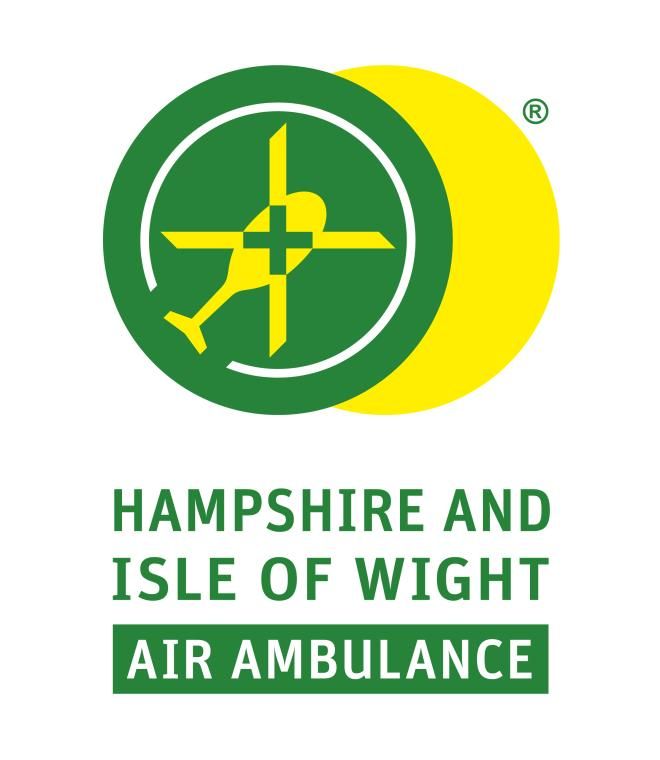 Hampshire and Isle of Wight Air Ambulance logo in green and yellow with helicopter icon