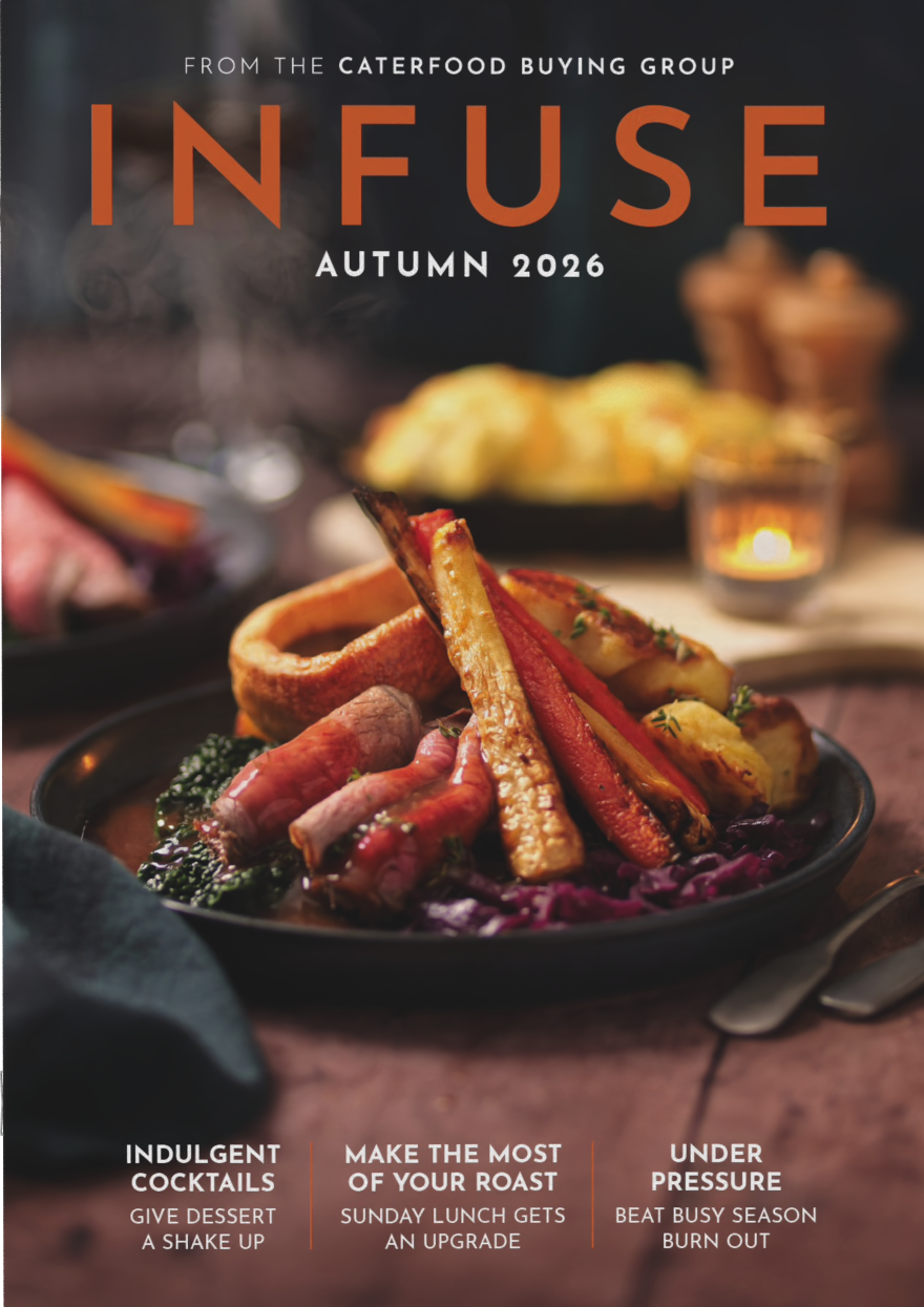 Infuse magazine summer 2024 cover with grilled food, salad, lime wedges, and teal drinks on a blue table
