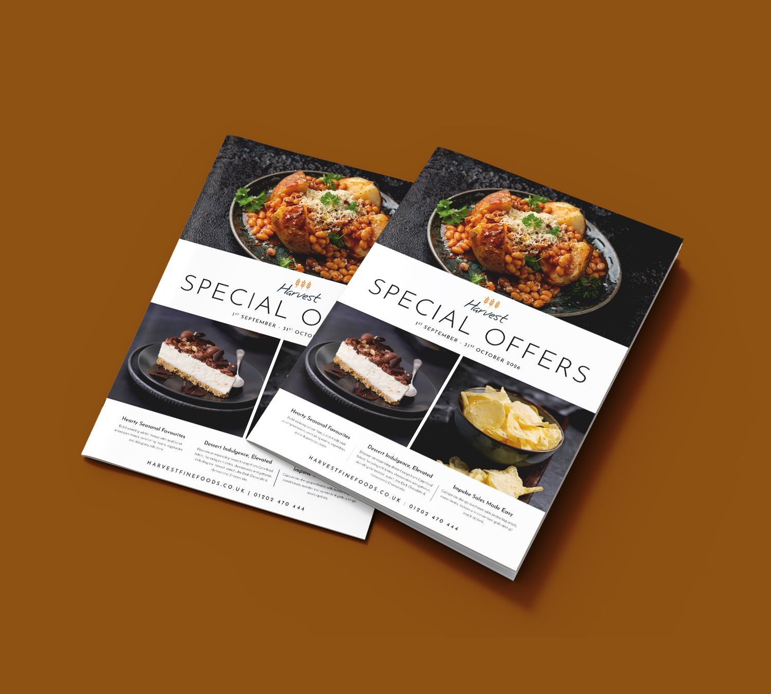 Three food brochure covers with colorful dishes on a dark background