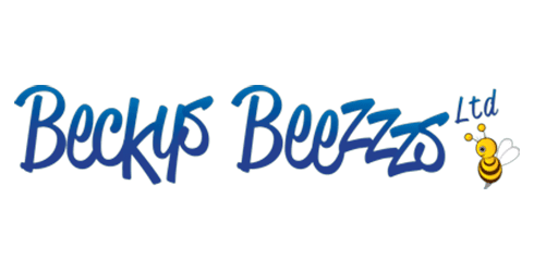 Becky's Beezzs Ltd logo in blue script with a small cartoon bee on white background