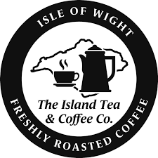 Circular black-and-white logo for The Island Tea & Coffee Co., Isle of Wight, with cup, teapot, and coffee pot
