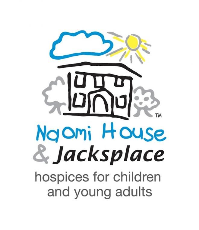 Naomi House & Jacksplace logo with house, cloud, sun and text “hospices for children and young adults”
