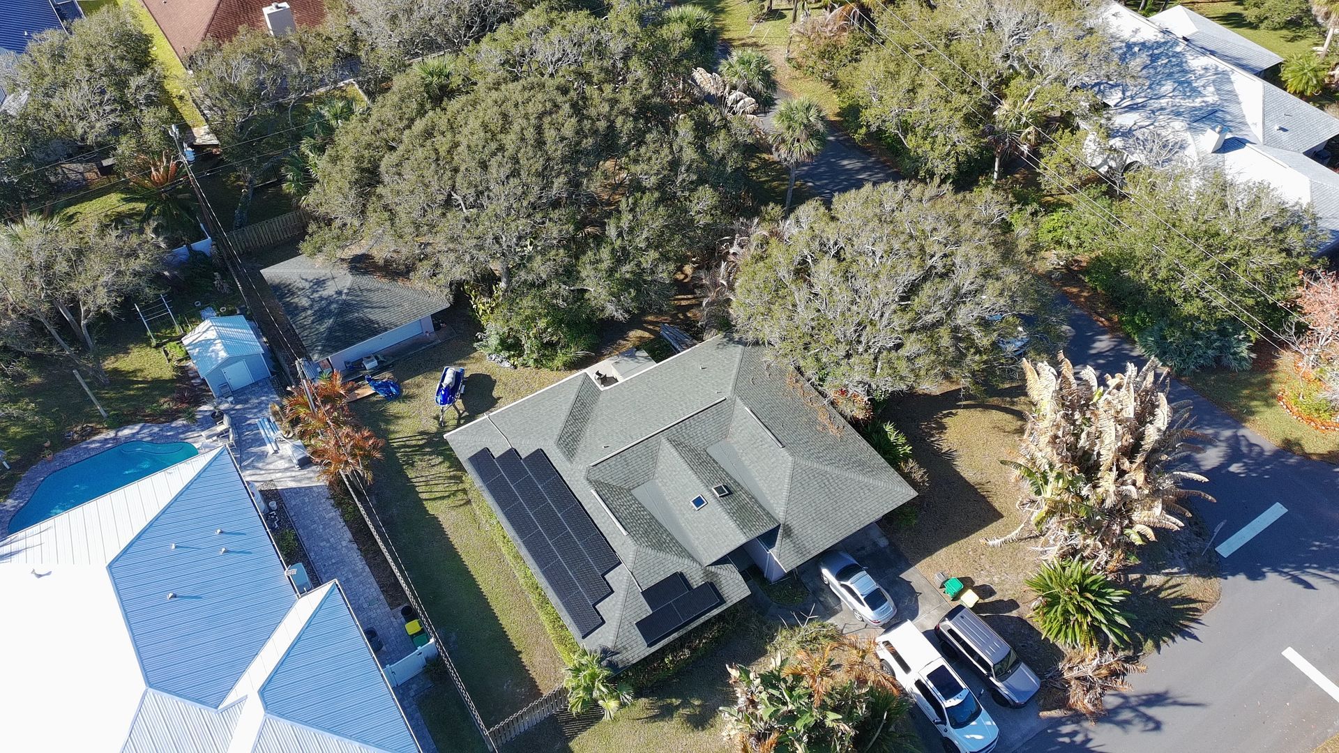 Solar panels on a Florida home after a full replacement by Driftline Roofing.
