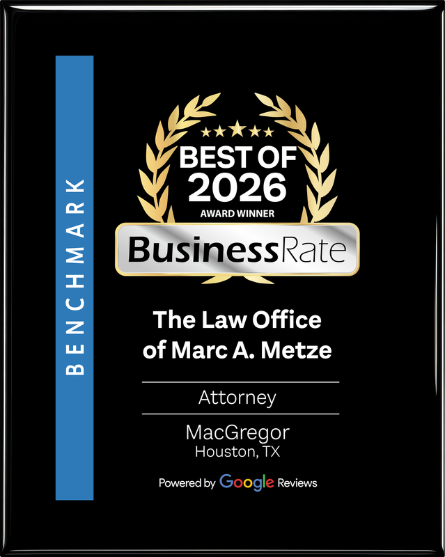 Best of 2026 BusinessRate award plaque for The Law Office of Marc A. Metze on black background
