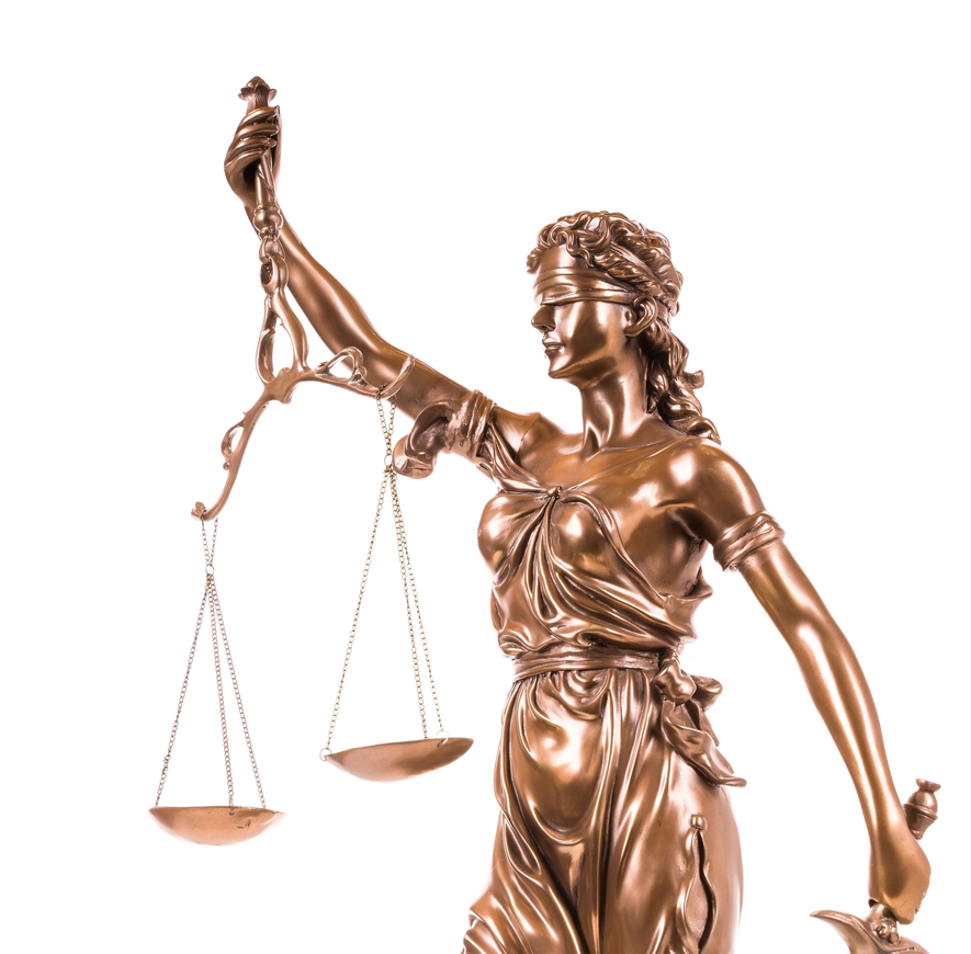 Bronze Lady Justice statue holding scales, symbolizing law and fairness