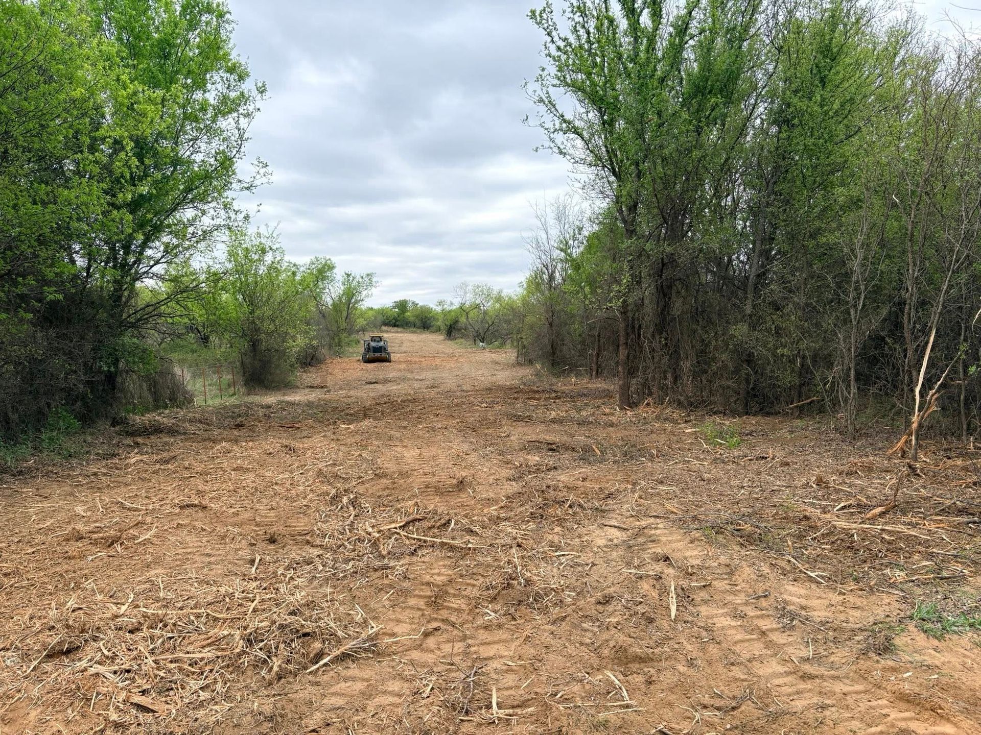 Dirt road through a wooded area under a cloudy sky, with a vehicle in the distance.