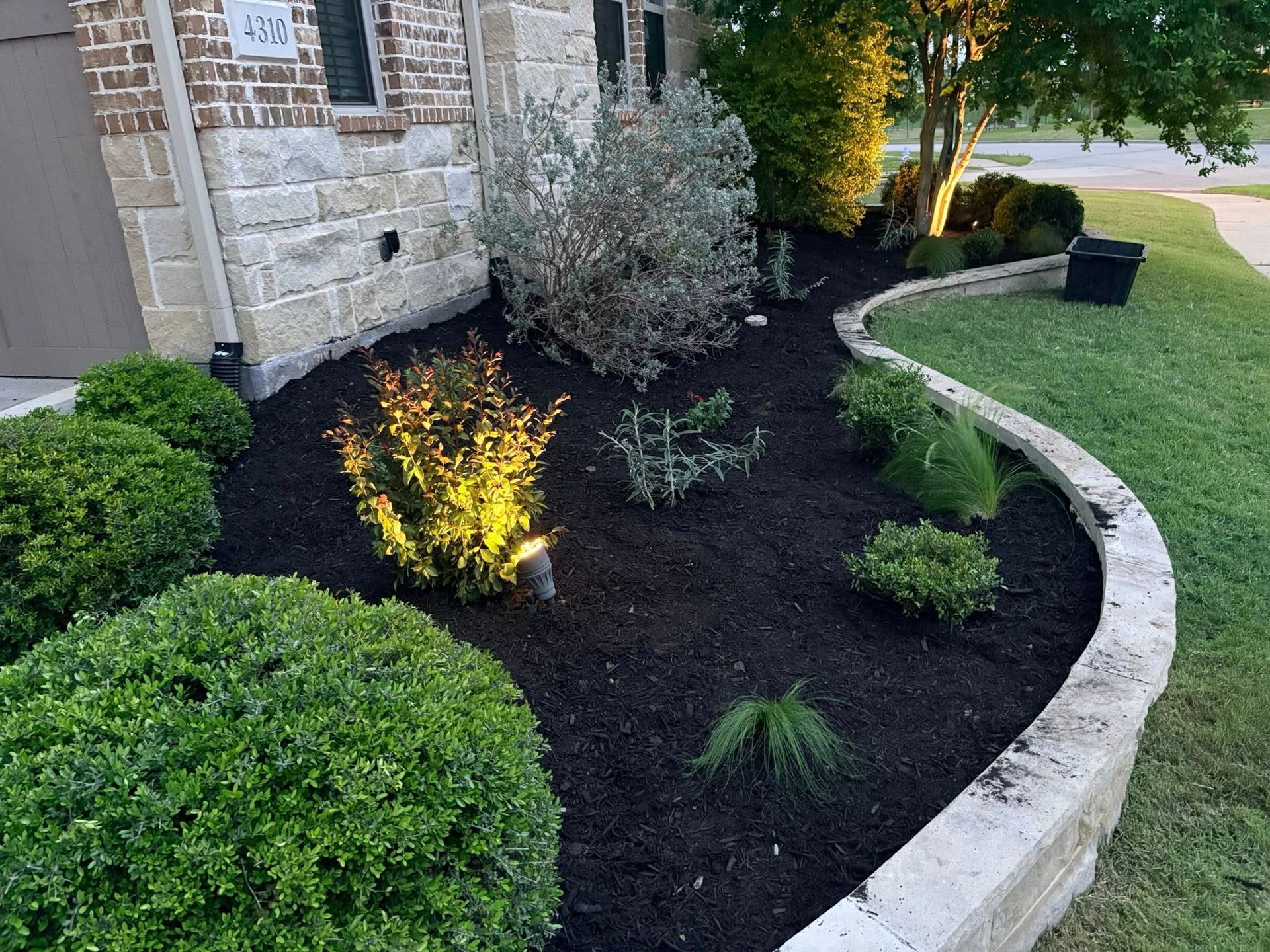 Front yard landscaping with shrubs, dark mulch, and a curved stone border beside a house.